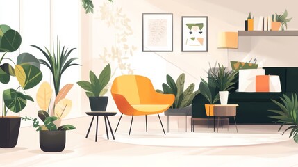 50.A trendy home interior plant illustration, with a variety of potted greenery arranged in a minimalist and cozy setting, designed in a clean flat vector style.