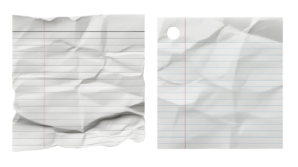 Two crumpled torn lined notebook pages with rough edges and creases isolated on transparent background
