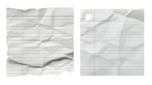 Two crumpled torn lined notebook pages with rough edges and creases isolated on transparent background