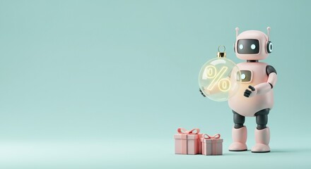 Obraz premium A pink robot carries glowing percentage sign ornament,standing beside two presents wrapped with bows,all set against serene pastel background.Christmas and new year mood,copy space.