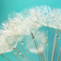 Dandelion with Water Drops, "Dandelion Drops", "Water Drops on Dandelion", "Dandelion Seed Drops", "Close-Up Dandelion with Dew", "Dewy Dandelion Seeds", "Dandelion with Morning Dew", "Macro Dandelion