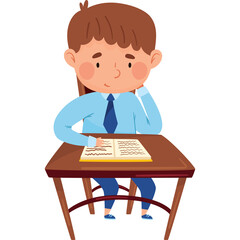 A young boy in a blue shirt and tie sits thoughtfully at a wooden desk with an open book in front of him against a clean white background.