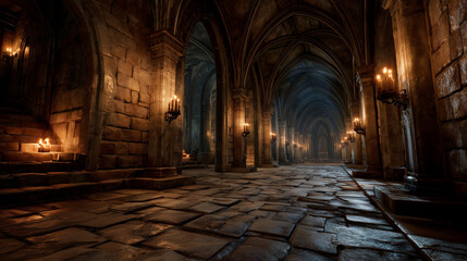 Fototapeta premium Dark Gothic Castle Corridor, Long, Dark Stone Hall with Vaulted Ceiling