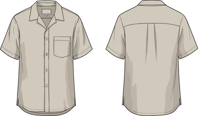 Technical flat sketch, short sleeve shirt, button-up front, classic collar, chest pocket, curved hem, fashion design, garment template, vector illustration, apparel blueprint