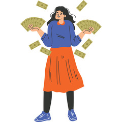 A Woman With Dark Hair Wearing a Blue Top and Orange Skirt Holding Fan of Money with Bills Flying Around Her on a Transparent Background