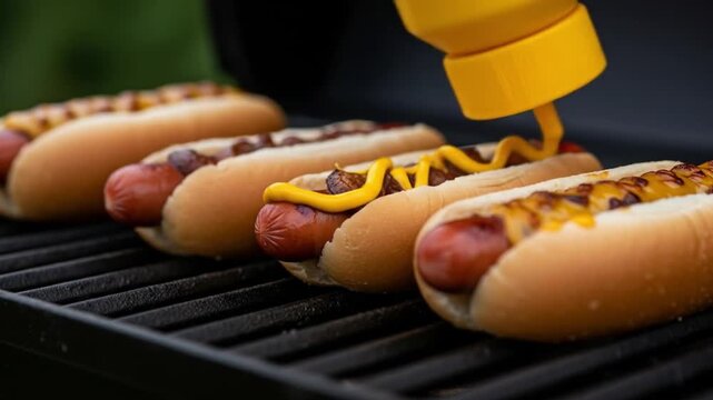 Mustard being squeezed onto grilled hot dogs in buns on a barbecue.