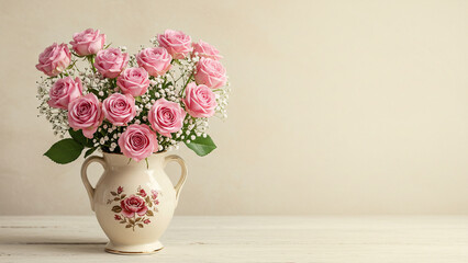 Pink roses in a vase, heart-shaped, copy space