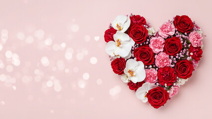 Heart made of roses and other flowers, copy space