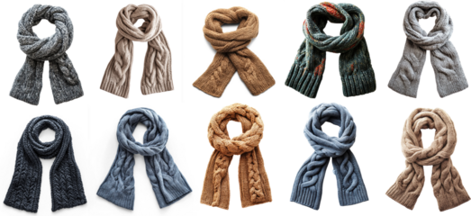 A collection of various knitted scarves in different colors and styles.