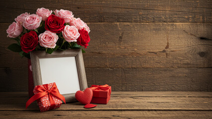 Photo frame mockup, small gift box and roses, copy space
