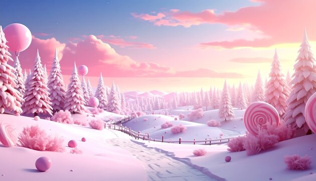 Enchanting pastel-hued winter landscape with fanciful trees and sky