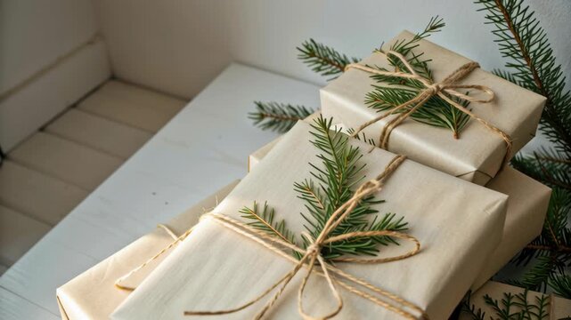 Rustic gift wrapping in kraft paper with natural twine and pine branch, holiday present decor eco friendly winter minimal cozy festive mood