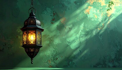 A decorative, ornate lantern glows with warm light against a textured, teal wall. Sunlight streams through, creating shadows. A small vine hangs