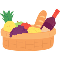 A Pixelated Picnic Basket Overflowing with Assorted Fruits Cheese Bread and a Bottle of Red Wine on a Transparent Background