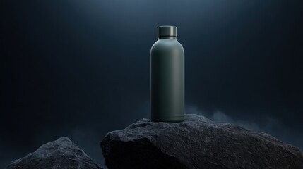 Minimalist Olive Green Insulated Water Bottle Displayed on Dark Textured Rock