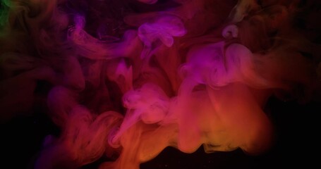 Neon haze texture. Cloud vapor ink. Defocused pink purple yellow color glitter rainbow splash fume spreading on abstract acrylic art dark black background. - Powered by Adobe