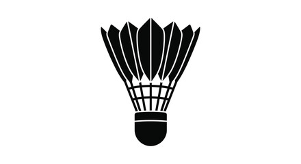 A stark black silhouette of a badminton shuttlecock against a white background showcasing its iconic feathered design
