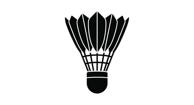 A stark black silhouette of a badminton shuttlecock against a white background showcasing its iconic feathered design