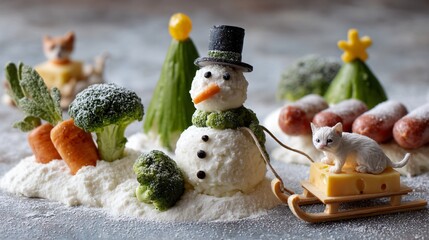 Obraz premium Whimsical food art featuring a snowman kitten on a cheese sled carrots broccoli trees and sausages