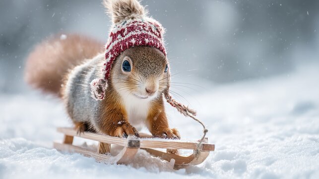Adorable red squirrel wearing a winter hat rides a small wooden sled in the snow