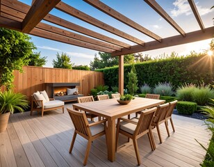 Outdoor patio dining area under pergola at sunset