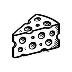 Black and white illustration of a wedge of cheese with holes in vintage style, perfect for food, dairy, or cooking themes.