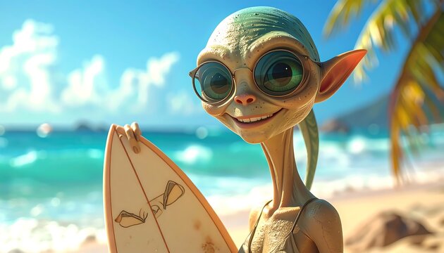 Smiling green humanoid alien on a sunny beach holding a surfboard