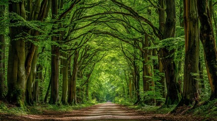 Obraz premium A scenic forest path lined with lush green trees forming an archway nature