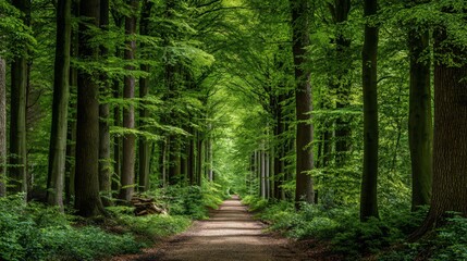 Obraz premium A tree lined dirt path winds through a dense sun dappled green forest with tall trees