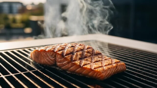 A delicious piece of salmon steak is grilled on a barbecue grill, with smoke rising from the fish.