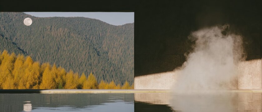 Premium authentic open-air hot spring bath with full moon and autumn foliage for modern wellness retreats and travel marketing campaigns