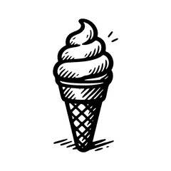 Black and white illustration of an ice cream cone in vintage style, perfect for summer, dessert, or retro design projects.