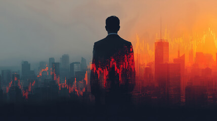 Businessman analyzing financial trends with city skyline and stock chart showing economic