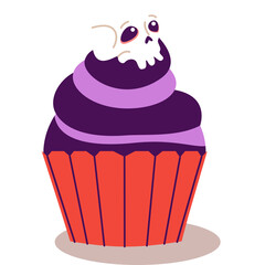Spooky Halloween Cupcake with Skull Frosting in Purple and Orange Colors on a Transparent Background