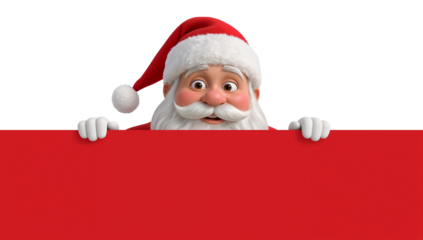 Santa character peering over a vibrant red surface against a black background for festive holiday