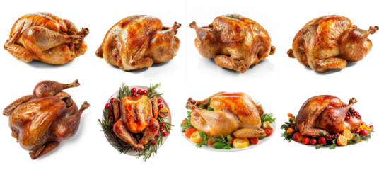 A collage of roasted turkey images with various garnishes and decorations.