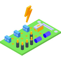 Fototapeta premium Green Circuit Board With Blue Components And Yellow Lightning Bolt Symbol Showing Electricity Flow And Power Concept
