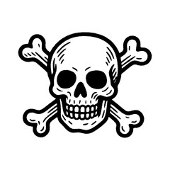 Black and white skull and crossbones illustration in vintage hand-drawn style.
