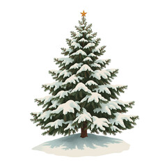 Fototapeta premium Isolated evergreen tree with festive star atop, adorned with fresh snow, silhouetted, against black