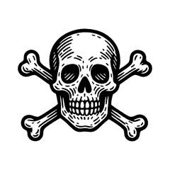 Black and white skull and crossbones illustration in vintage hand-drawn style.	