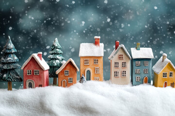 Colorful Christmas houses in snow, cozy winter fairytale miniature village, perfect for greeting card design, winter wonderland concept and New Year holiday illustration