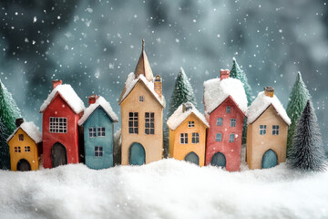Fairy tale Christmas Village. Winter landscape with colorful houses in snow. Christmas town