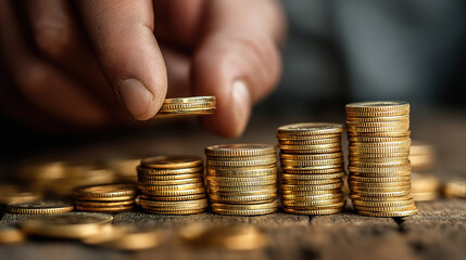 Businessman organizing golden coins on table highlighting wealth management and investment