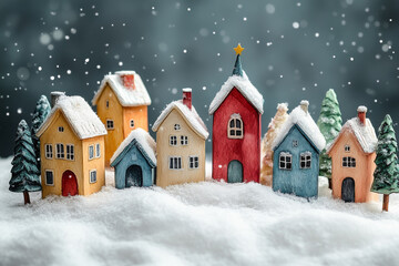 Fototapeta premium Fairy tale winter town. Cute Christmas houses in the snow. Beautiful background for Christmas and New Year greeting card design