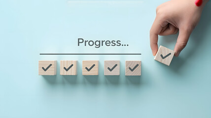 Track your team's progress toward goals with this visual of wooden blocks displaying check marks, hand adding the final block for completed tasks