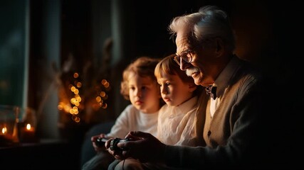 An Endearing Moment of Bonding Between Generations: A Grandfather and His Grandchildren Engaged in a Joyful Video Game Session, Surrounded by the Warm Glow of Candlelight - Powered by Adobe