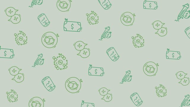 Seamless looping pattern featuring hand-drawn doodles of money, charts, pens, and business communication icons on a light green background