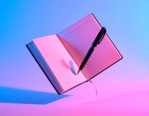 Opened notebook with pen casting a shadow, illuminated by pink/blue light