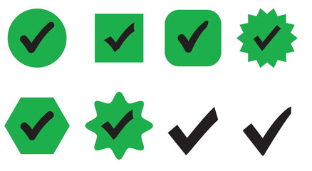 Collection of green check mark icons isolated on white background includes various shapes such as circles, squares, stars, hexagons, and simple check marks, all in a flat design style
