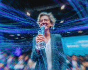 Confident Young Professional Woman Accepting Award with Glitch Purple and Plasma Blue Accents for Business Marketing Content